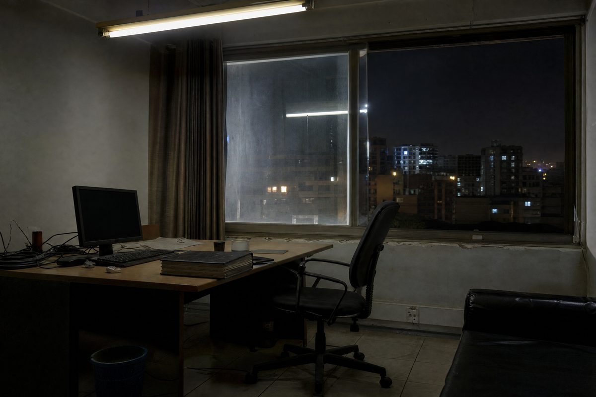 Empty night office desk, dark monitor, city window