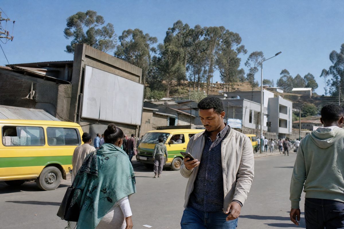 Daytime Addis street, minibuses, pedestrian with phone