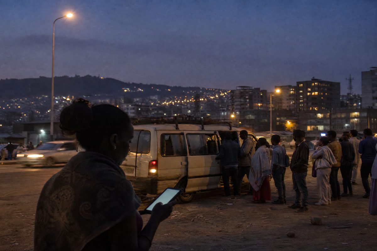 Dusk over Addis hills, minibus queue, phone glow