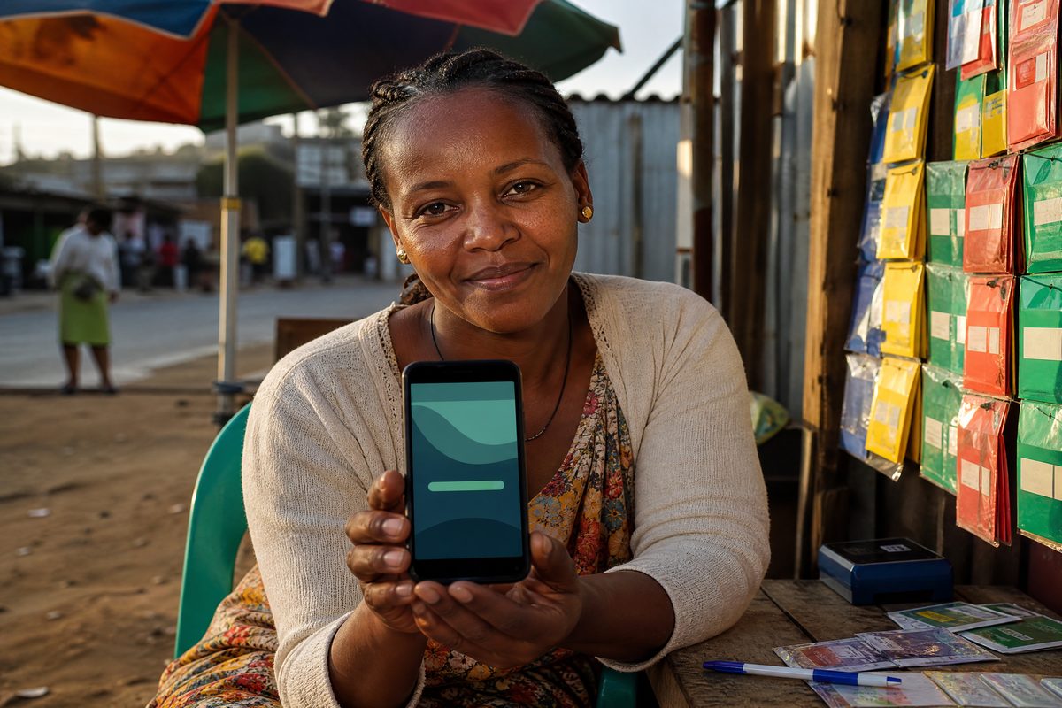 Woman at airtime stall, abstract wallet screen